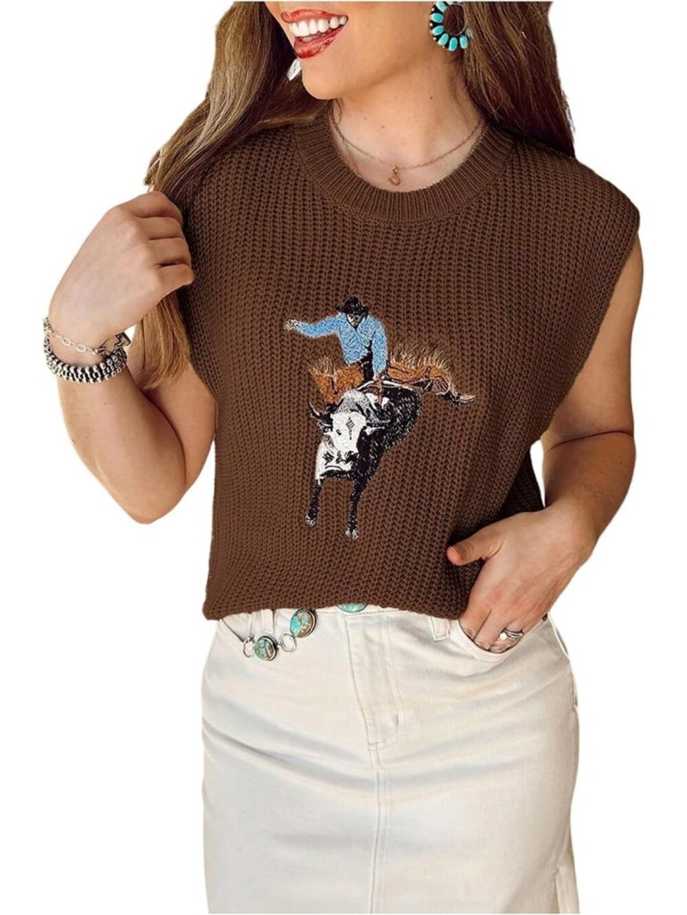 Women's Brown Ribbed Knit Cap Sleeve Western Cowboy Embroidered Sweater Tank Top